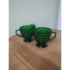 Vintage Anchor Hocking Green Bubble Creamer And Sugar